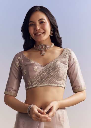 Lavender Tissue Saree With Floral Motifs In Moti Beads And Sequins