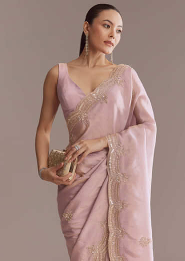 Lavender Tissue Saree With Heavy Hand Embroidery