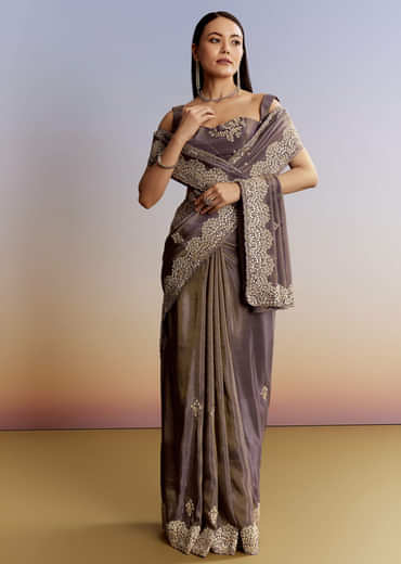 Lavender Tissue Saree With Zardosi And Gota Work