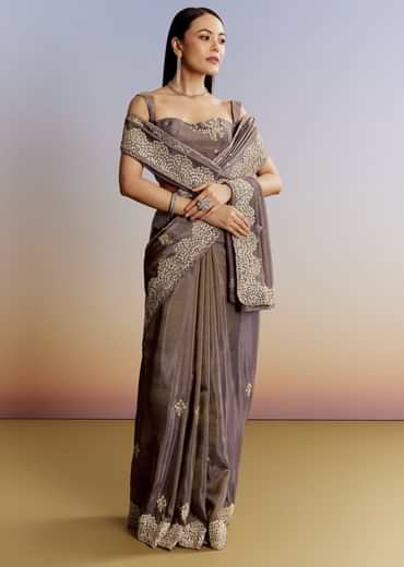 Lavender Tissue Saree With Zardosi And Gota Work
