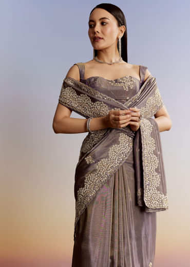 Lavender Tissue Saree With Zardosi And Gota Work