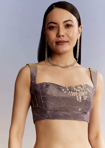 Lavender Tissue Saree With Zardosi And Gota Work