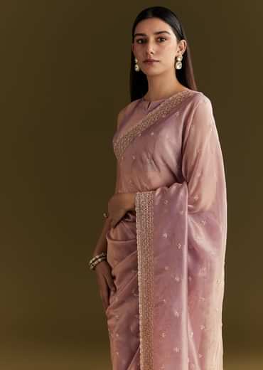 Lavender Tissue Silk Embroidered Saree With Scallop Border