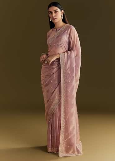 Lavender Tissue Silk Embroidered Saree With Scallop Border