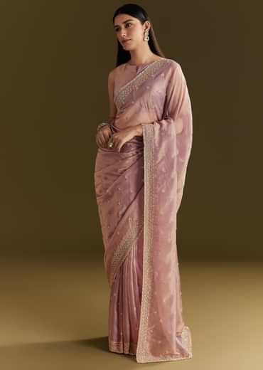 Lavender Tissue Silk Embroidered Saree With Scallop Border
