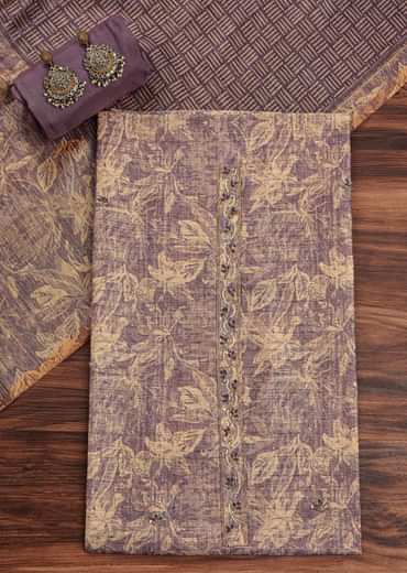 Lavender Tussar Unstitched Suit Set With Floral Print And Zari Work