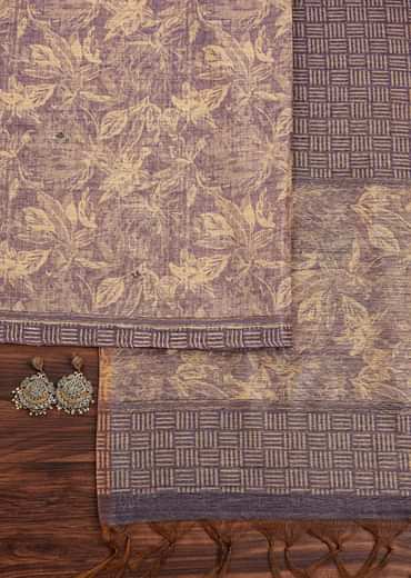 Lavender Tussar Unstitched Suit Set With Floral Print And Zari Work