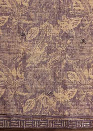 Lavender Tussar Unstitched Suit Set With Floral Print And Zari Work