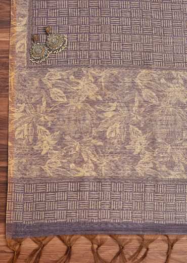 Lavender Tussar Unstitched Suit Set With Floral Print And Zari Work