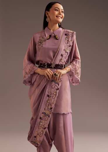 Lavender Zardosi Kurta With Embroidered Dupatta Belt