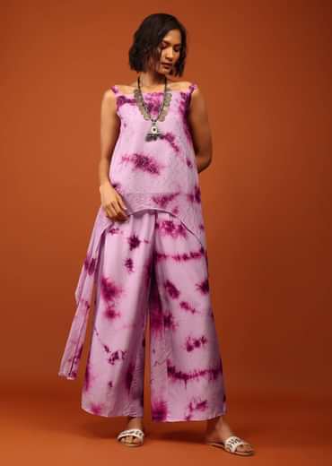 Lavender And Plum Purple Tie Dye Print Top & Bottom Set Embellished In Georgette