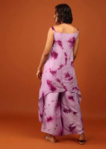 Lavender And Plum Purple Tie Dye Print Top & Bottom Set Embellished In Georgette