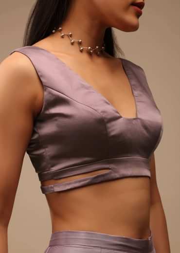 Lavender Ash Sleeveless Blouse In Satin With A Plunging Geometric Neckline