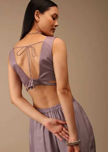 Lavender Ash Sleeveless Blouse In Satin With A Plunging Geometric Neckline
