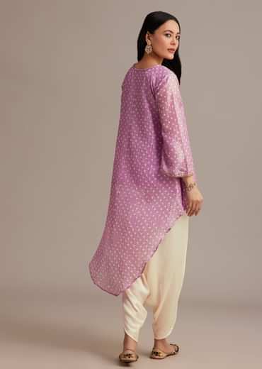 Lavender Bandhani High Low Kurta Set With Dhoti