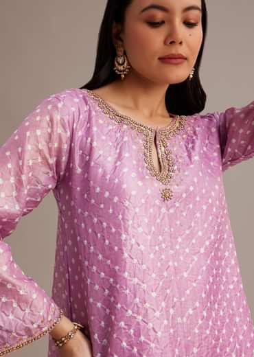 Lavender Bandhani High Low Kurta Set With Dhoti
