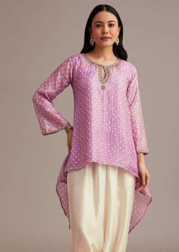 Lavender Bandhani High Low Kurta Set With Dhoti