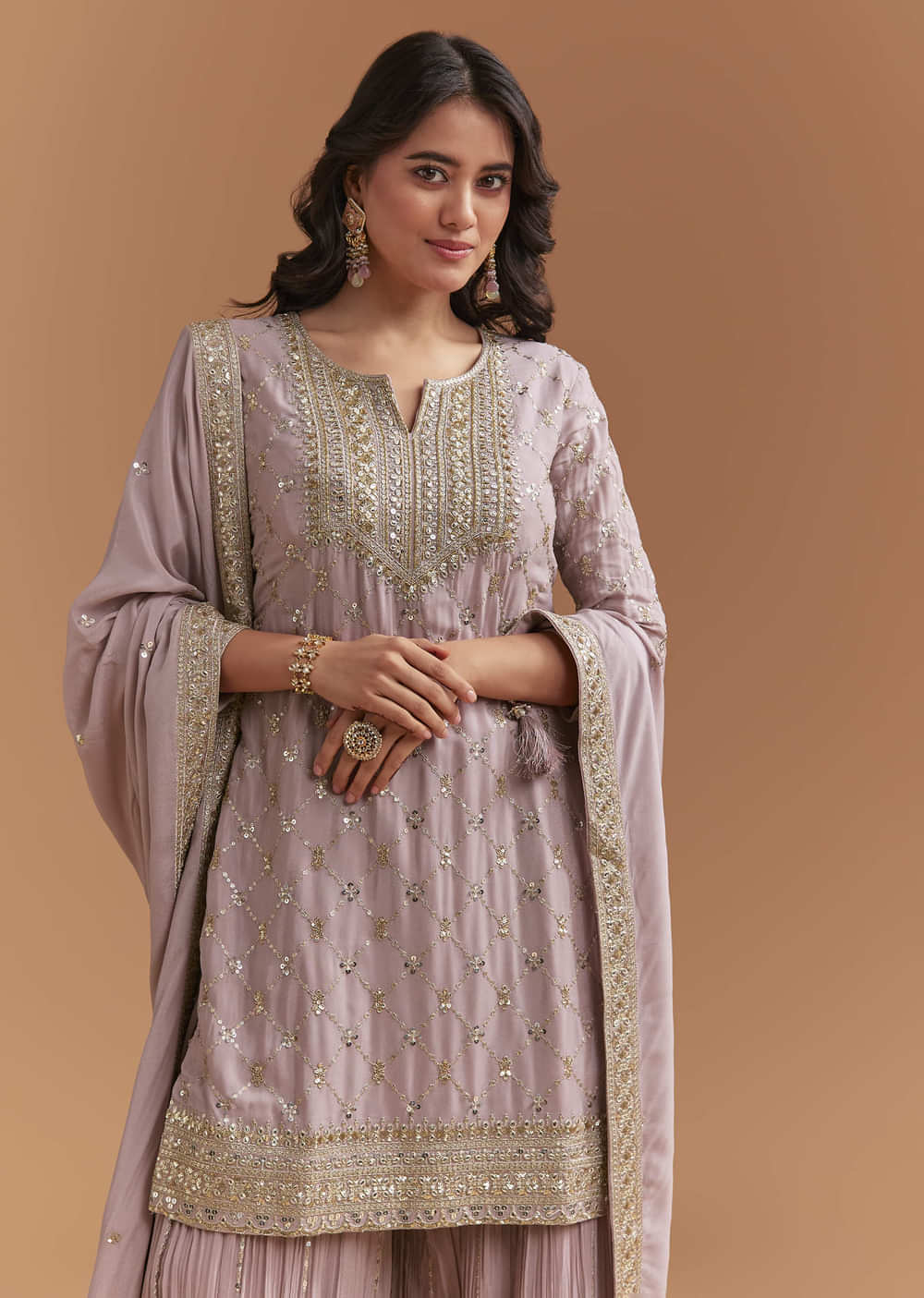 Lavender Chinon Palazzo Suit With Intricate Sequins Work