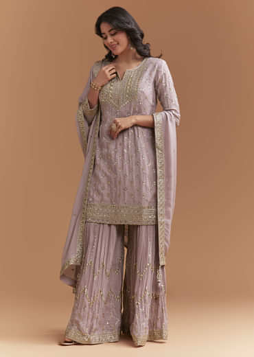 Lavender Chinon Palazzo Suit With Intricate Sequins Work