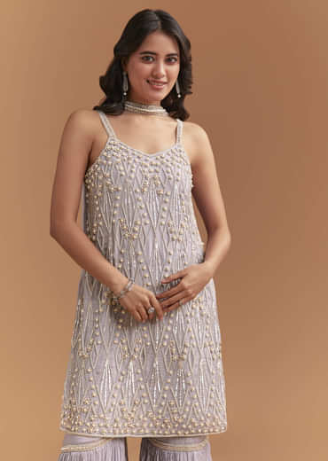 Lavender Chinon Sharara Suit With Beads And Moti Work