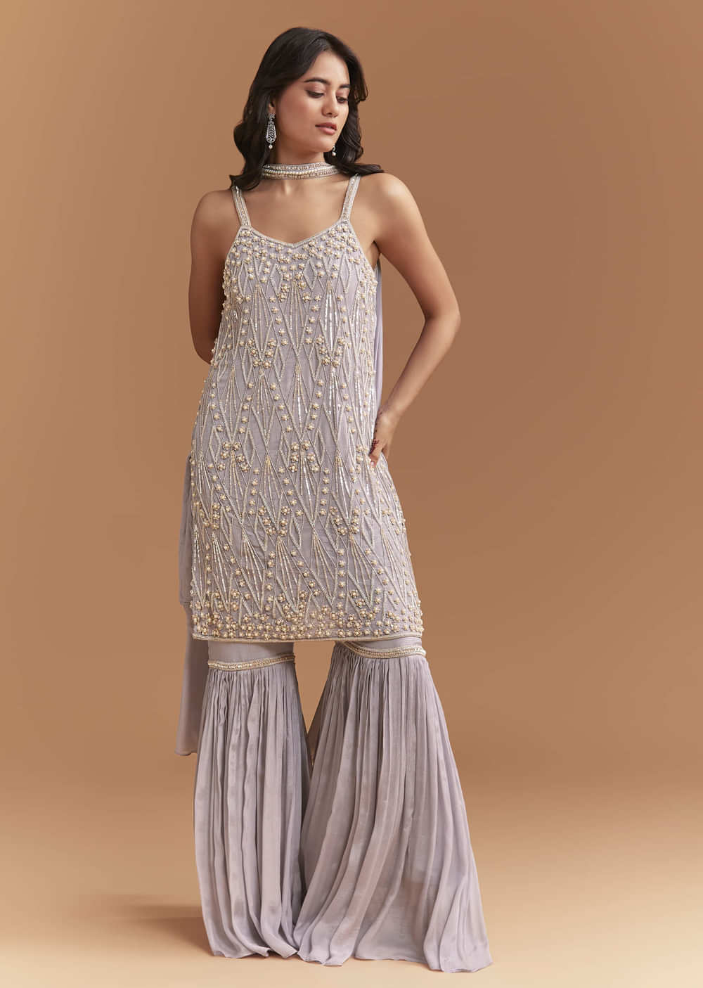 Lavender Chinon Sharara Suit With Beads And Moti Work