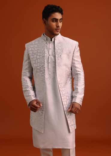 Lavender Cotton Silk Sherwani Set With Thread Work