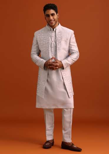 Lavender Cotton Silk Sherwani Set With Thread Work