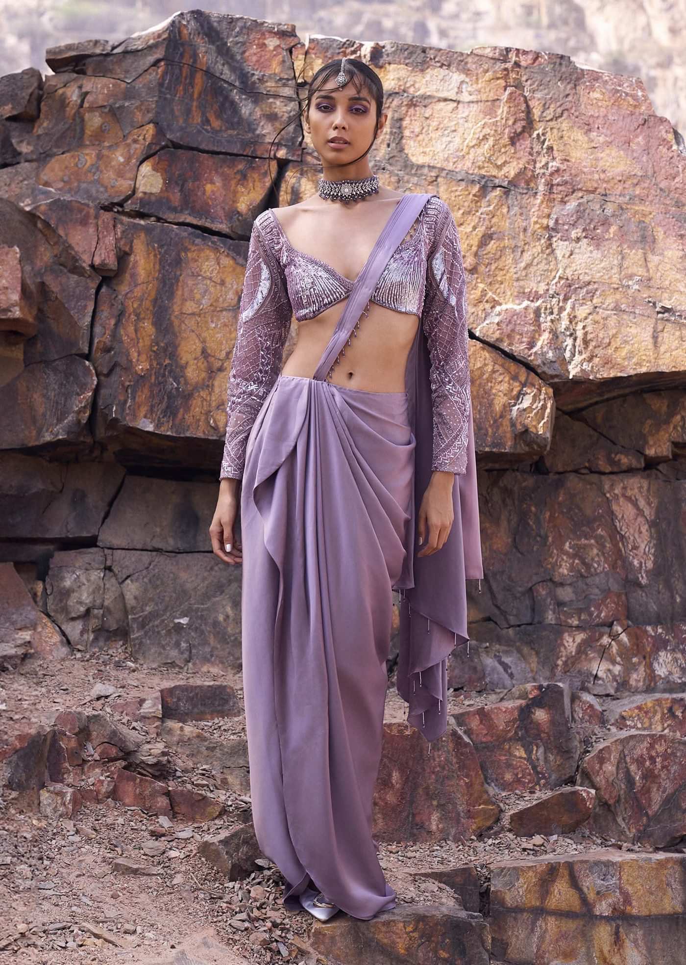 Lavender Draped Skirt With Pleated Pallu And Blouse