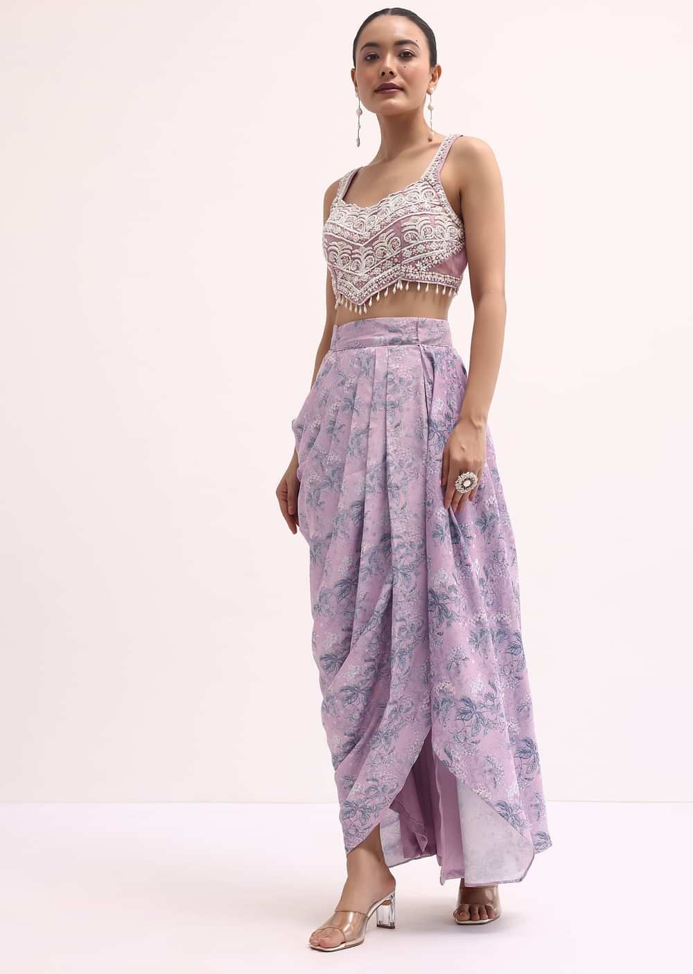 Lavender Embroidered Crop Top And Skirt Set
