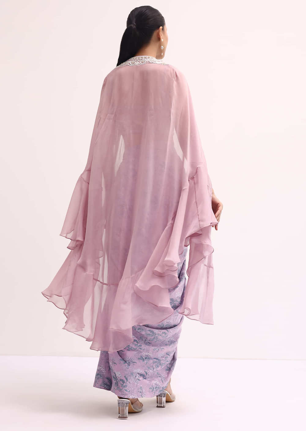 Lavender Embroidered Crop Top And Skirt Set