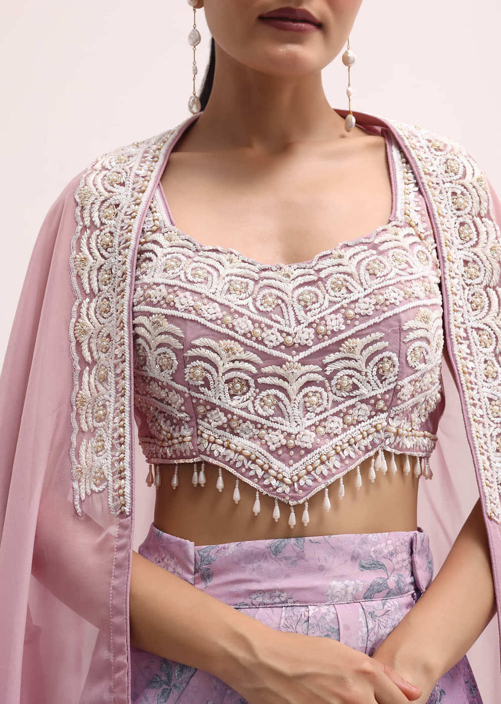 Lavender Embroidered Crop Top And Skirt Set