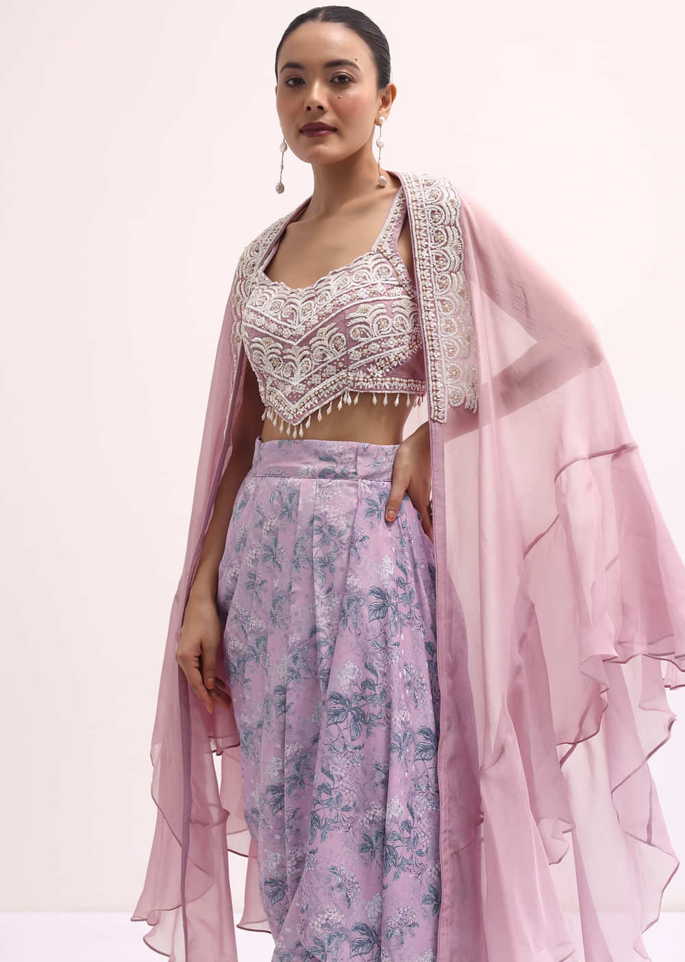 Lavender Embroidered Crop Top And Skirt Set