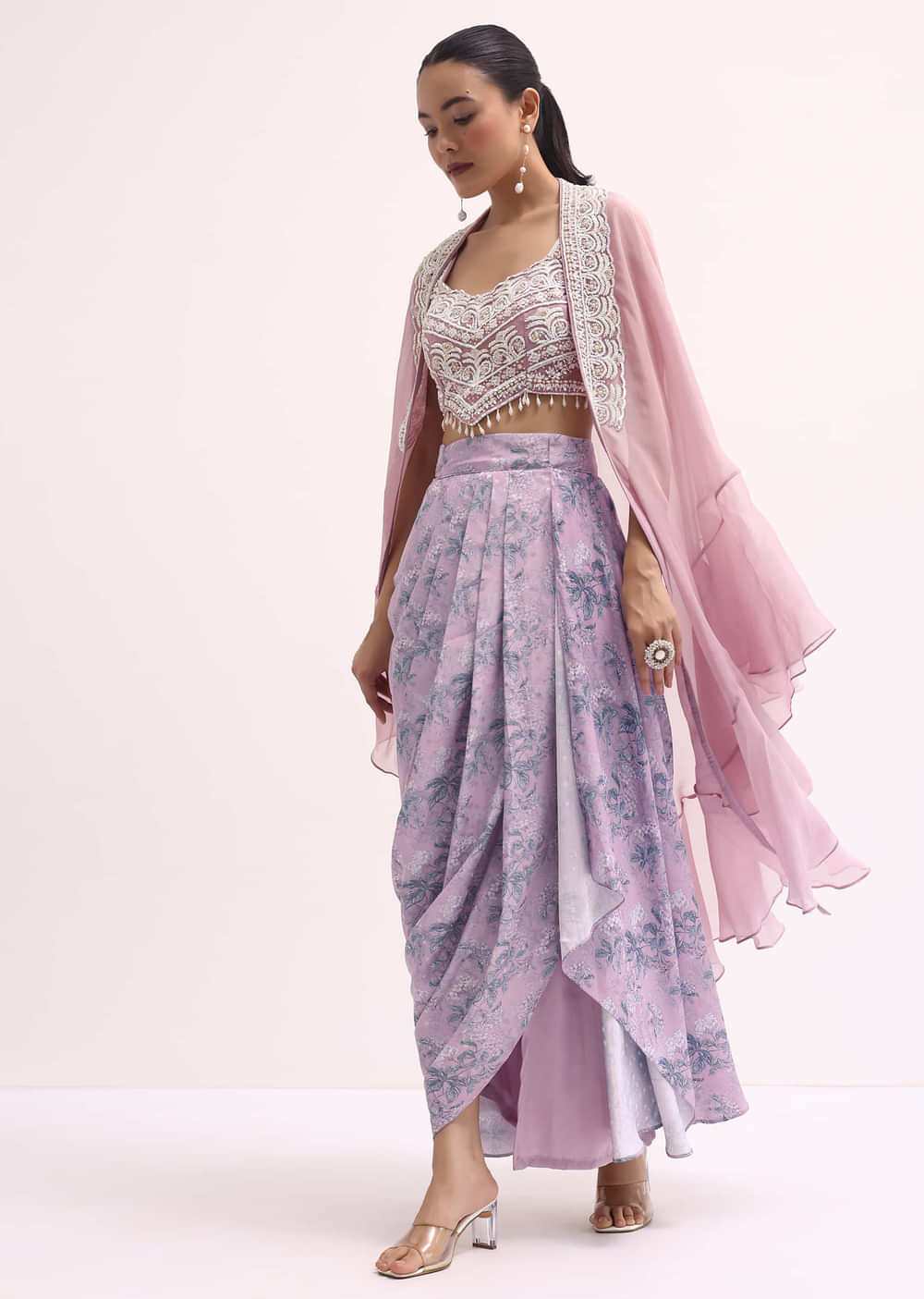 Lavender Embroidered Crop Top And Skirt Set