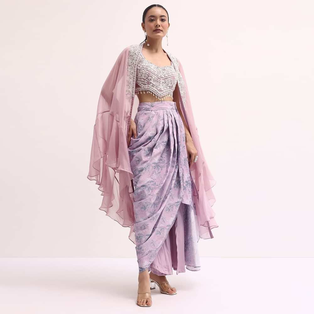 Lavender Embroidered Crop Top And Skirt Set