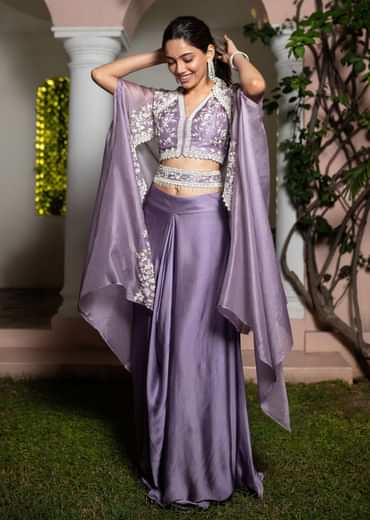 Lavender Moti Work Crop Top Suit Embroidered Jacket