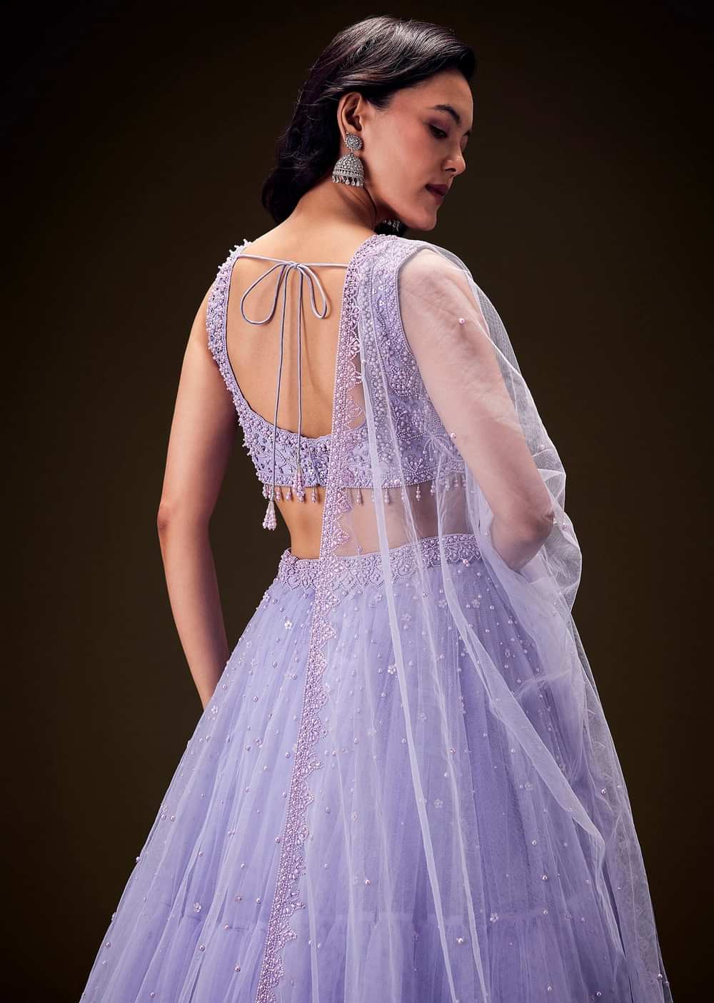 Lavender Net Hand Embroidered Pearl Work Lehenga Set