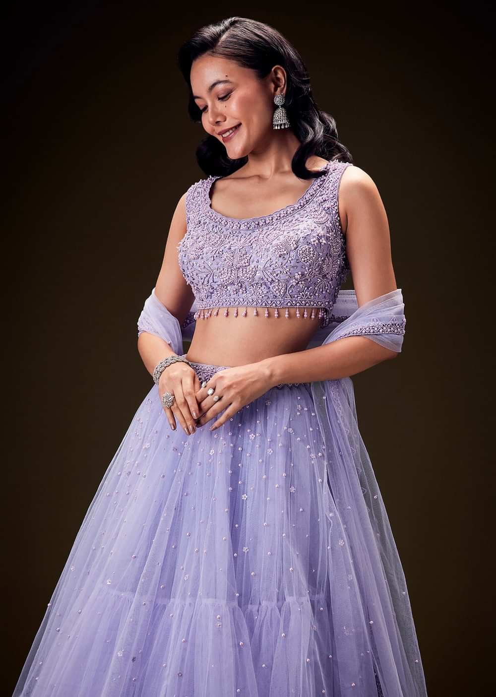 Lavender Net Hand Embroidered Pearl Work Lehenga Set