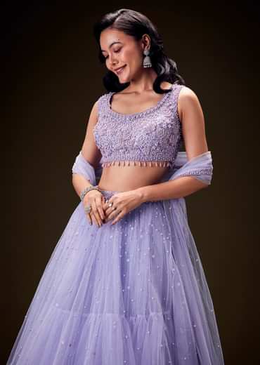 Lavender Net Hand Embroidered Pearl Work Lehenga Set