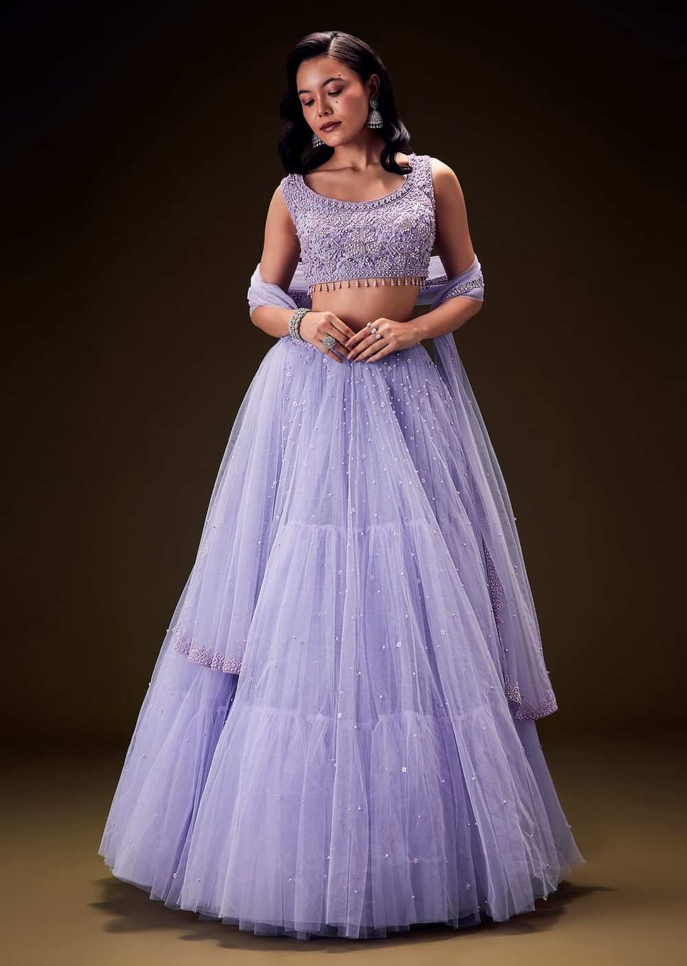 Lavender Net Hand Embroidered Pearl Work Lehenga Set