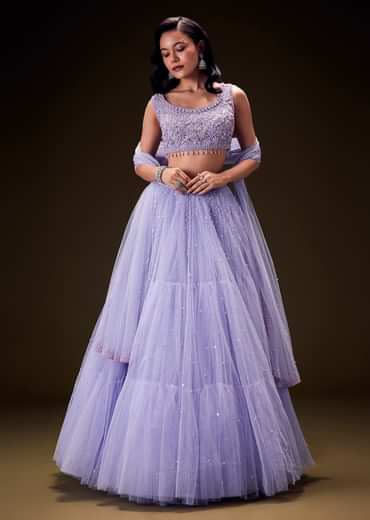 Lavender Net Hand Embroidered Pearl Work Lehenga Set