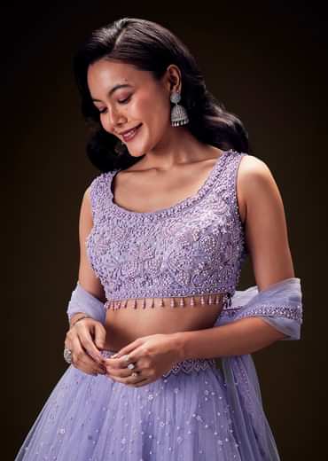 Lavender Net Hand Embroidered Pearl Work Lehenga Set