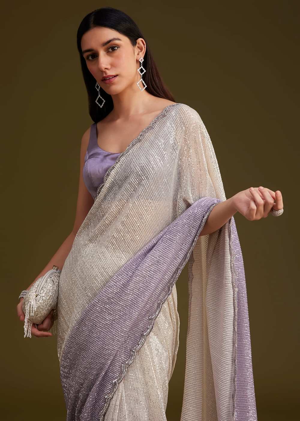 Lavender Ombre Sequins Saree With Scallop Embroidery Border