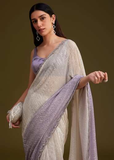 Lavender Ombre Sequins Saree With Scallop Embroidery Border