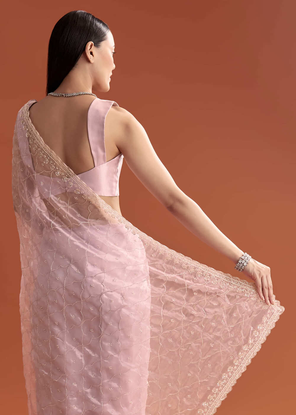 Lavender Organza Embroidered Saree With Jaal And Butti Work