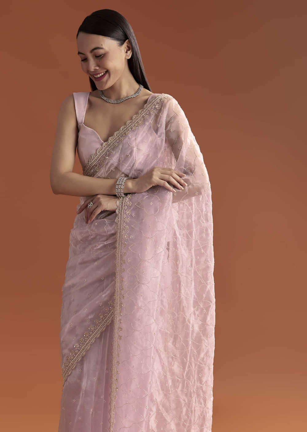 Lavender Organza Embroidered Saree With Jaal And Butti Work