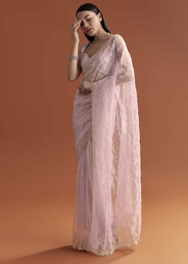 Lavender Organza Embroidered Saree With Jaal And Butti Work