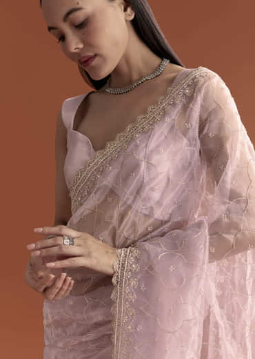 Lavender Organza Embroidered Saree With Jaal And Butti Work