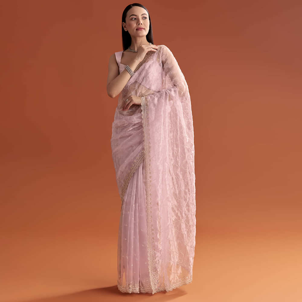 Lavender Organza Embroidered Saree With Jaal And Butti Work