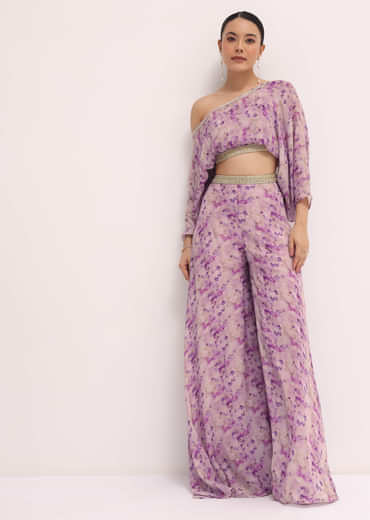 Lavender Printed Chiffon Crop Top And Palazzo