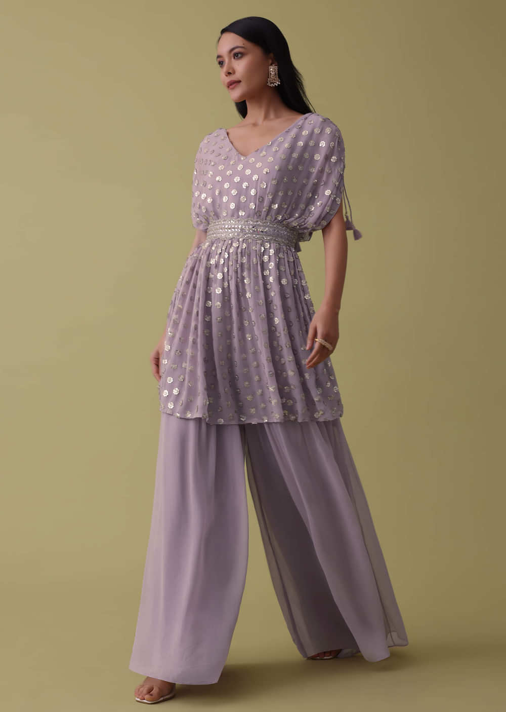 Lavender Purple Palazzo Top Set In Georgette With Sequins Work